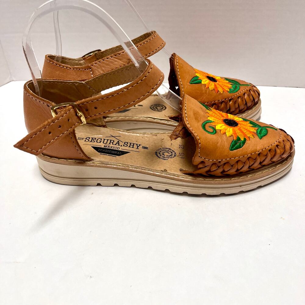 Segura Shy Sunflower Embroidered Leather Huarache Sandals Boho 6/37 Artisan - Picture 5 of 10